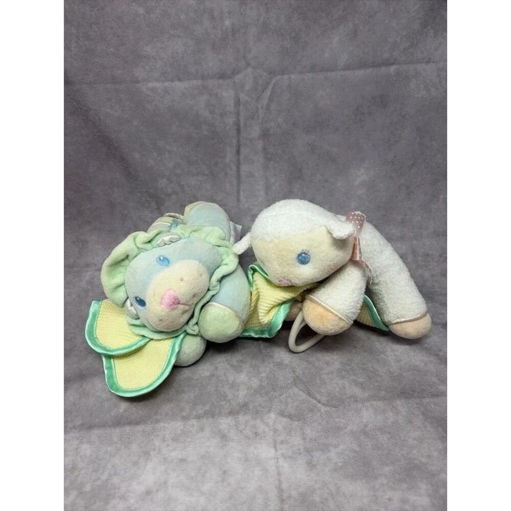 Vtg Eden Pastel Terrycloth Baby Rattles 90s Lion & Lamb Plush Toy Lot Flaw read